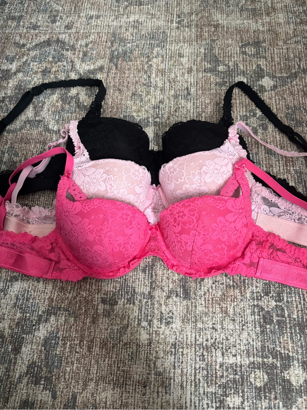 Victoria's Secret Lace Push-Up Bra Trio — Black, Light Pink, Hot Pink